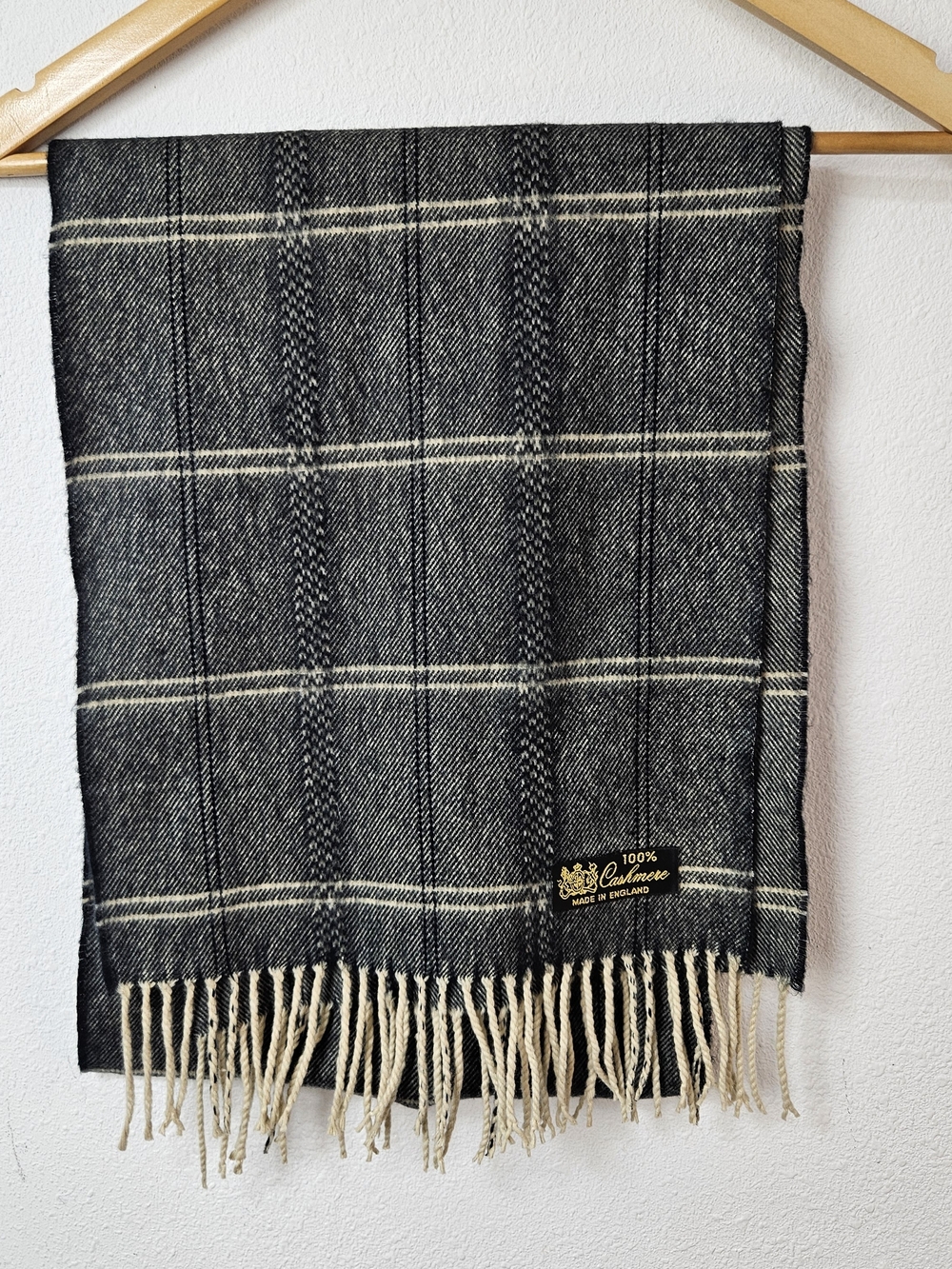 100% Cashmere Black & Cream Plaid Scarf
